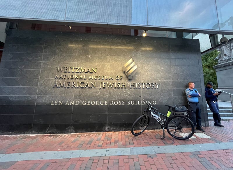 Extra security guards stand outside the Weitzman National Museum of American Jewish History on Nov. 9, 2023. Media and community groups attended a private screening of the atrocities carried out by Hamas on Oct. 7 in Israel in an effort to bear witness to the massacre.