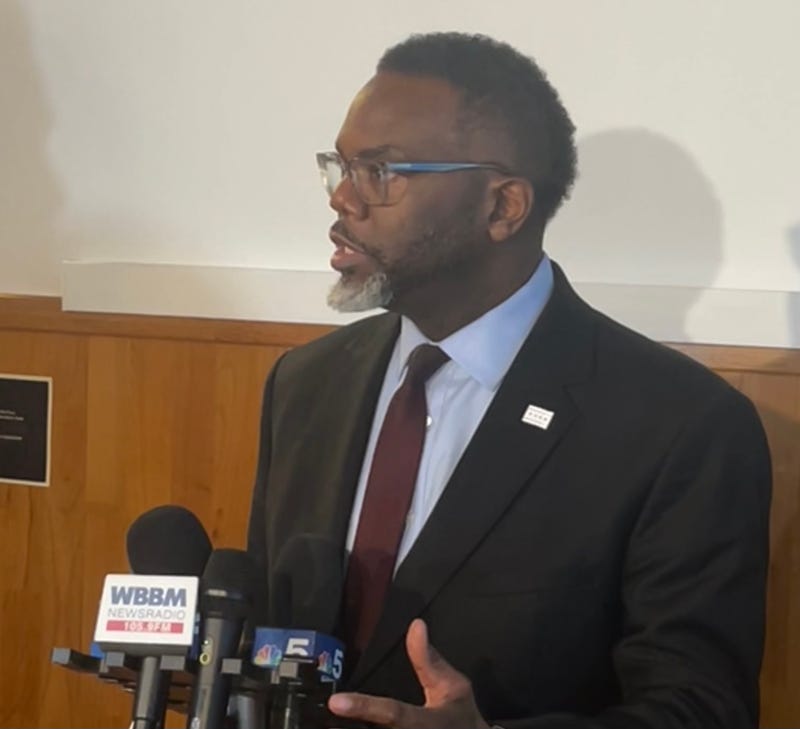 Chicago mayor Brandon Johnson speaks with reporters at the Polish American Museum in the West Town neighborhood.