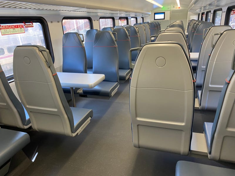 A view of inside the new all-electric Caltrain.