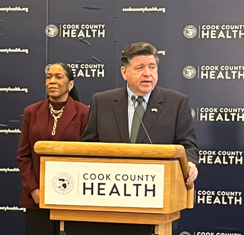 Illinois Gov. J.B. Pritzker speaks during an appearance at Cook County Health on March 3, 2026.