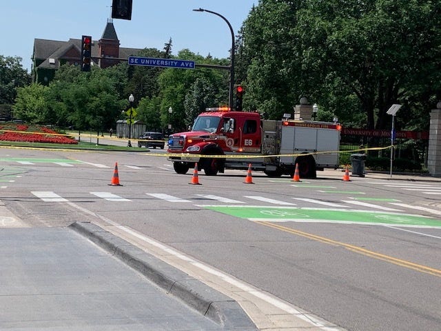 Evacuation lines on SE University Ave on the University of Minnesota Campus. 