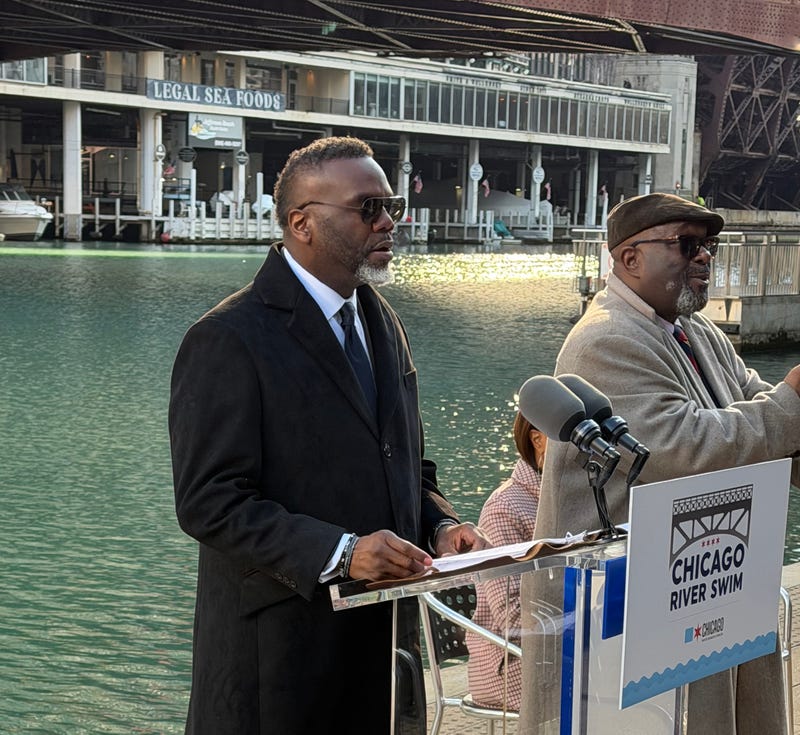 Mayor Brandon Johnson announces the return of the Chicago River Swim during an event along the Riverwalk.