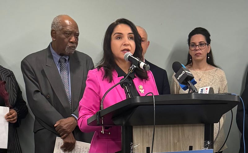 Rep. Delia Ramirez (D-3rd District) talks to reporters at AIDS Foundation Chicago March 23, 2026.