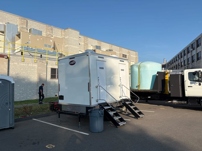 A comfort station at John F. Kennedy High School in Paterson, as repairs continued Monday
