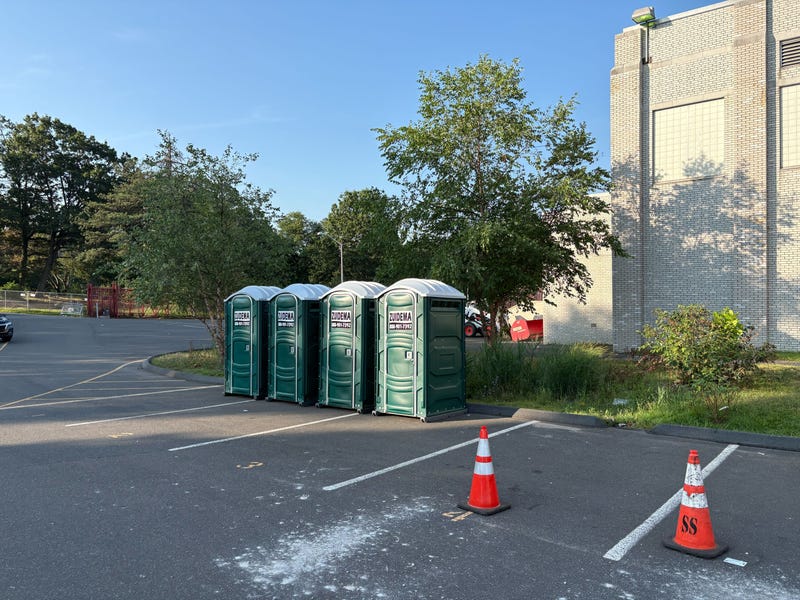 A comfort station at John F. Kennedy High School in Paterson, as repairs continued Monday