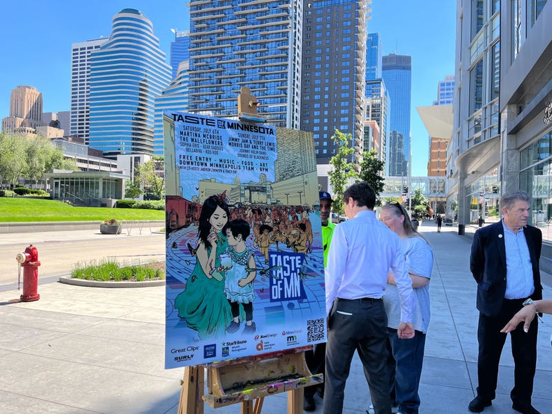 Minneapolis Mayor Jacob and the 2024 Taste of Minnesota artwork during the official announcement of the event in downtown Minneapolis Thursday, June 13.