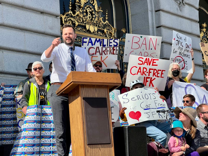 Supervisor Matt Haney joined a rally on the steps of City Hall as one of three members of the Board of Supervisors who wants to make JFK Drive car-free for good. 