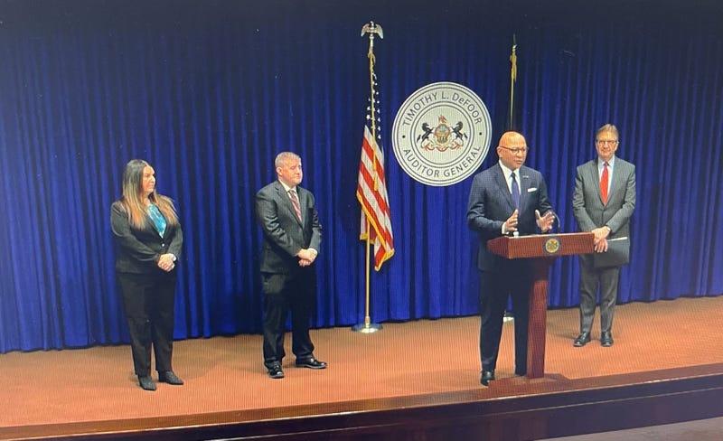 Auditor General Timothy DeFoor presents the findings of a new report that recommends, once again, that legislators reimagine the way cyber charters are funded in the state.