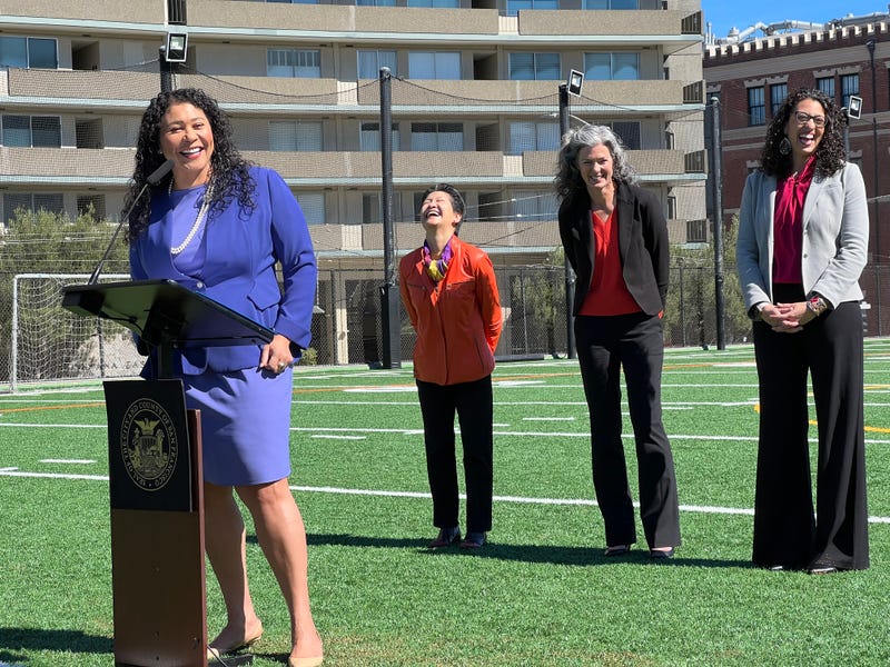 San Francisco Mayor London Breed introduces the new appointees to the school board, Ann Hsu, Lainie Motamedi, and Lisa Weissman-Ward.