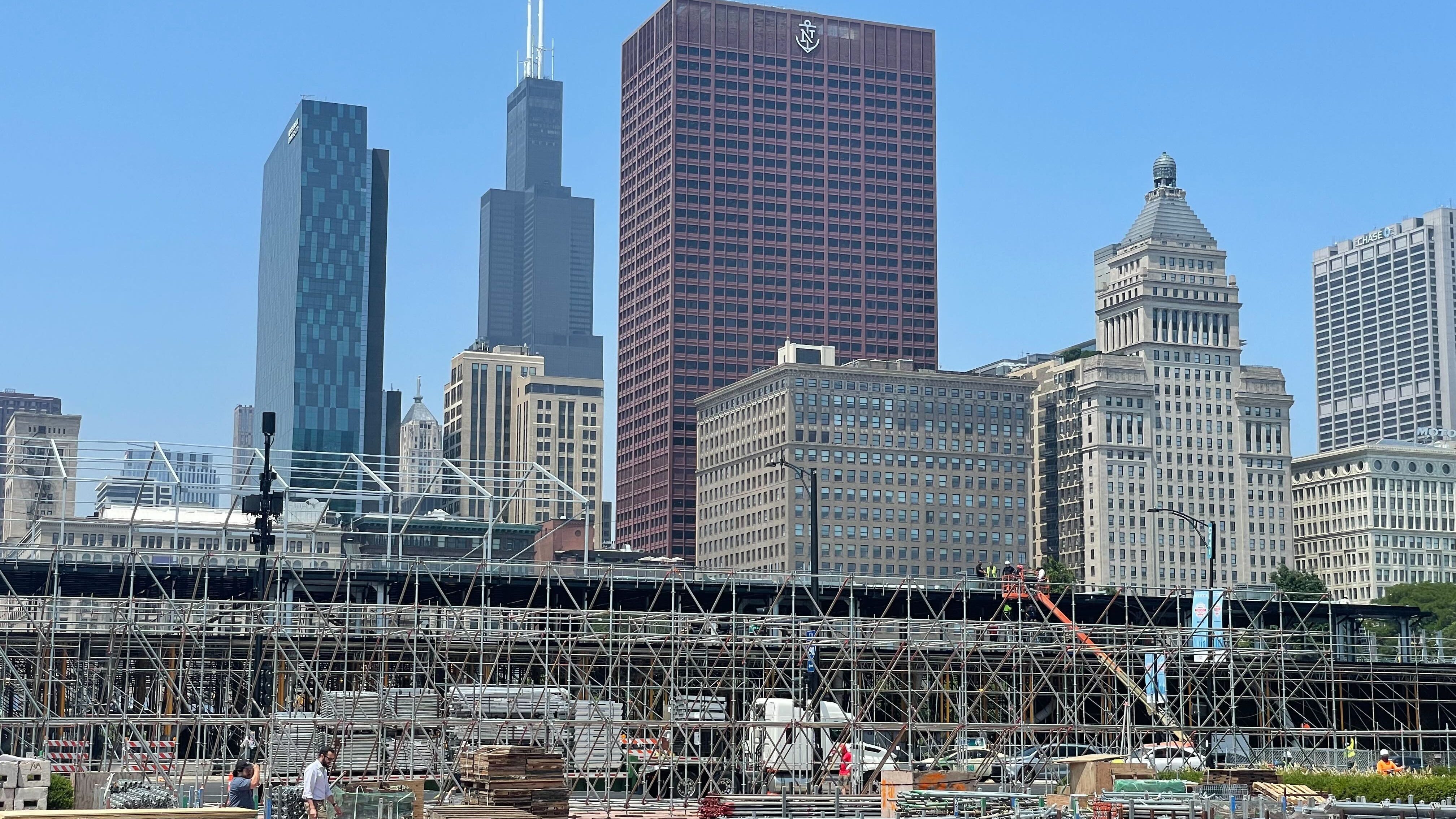 So far so good: Assembly of Chicago NASCAR street course, grandstands coming together