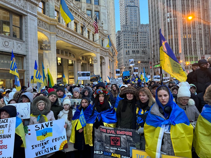 Hundreds of demonstrators rallied in support of Ukraine at the Wrigley Building in downtown Chicago to mark two years since Russia’s full-scale invasion.