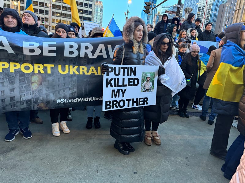 Zoryana Podolny was among the hundreds of demonstrators who rallied outside of the Wrigley Building in support of Ukraine as the country's war with Russia enters its third year. Podolny said her brother was killed fighting for Ukraine in May 2023.