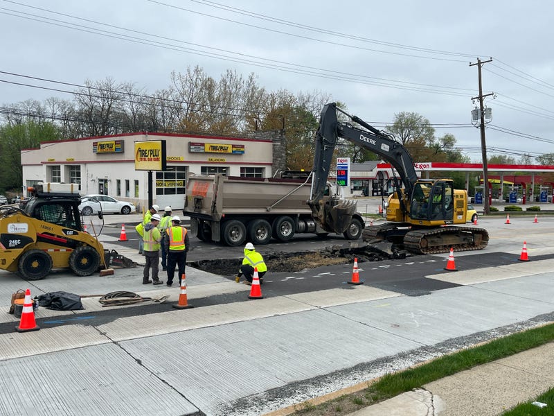 Crews work to repair Route 202 northbound after a sinkhole opened up on the road, April 18, 2024, in King of Prussia.