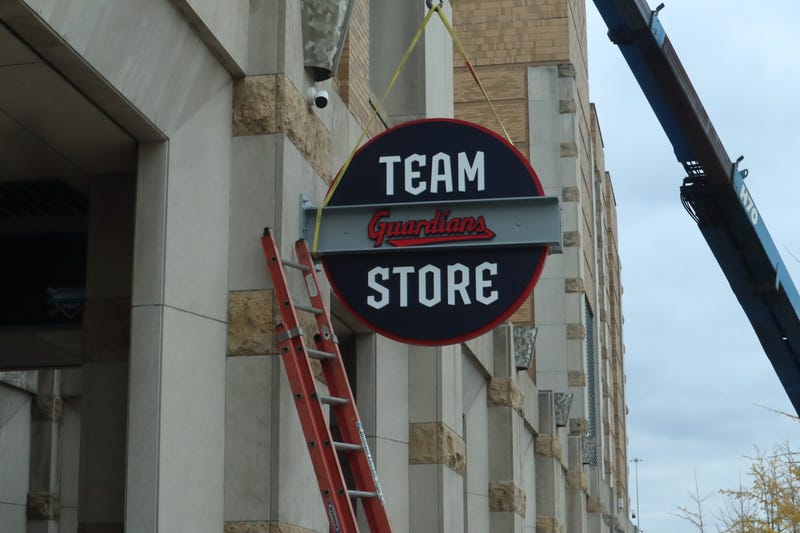 The Cleveland Guardians team store sign is officially constructed on the opening day of the franchise's merchandise rebranding on Friday, Nov. 19, 2021.