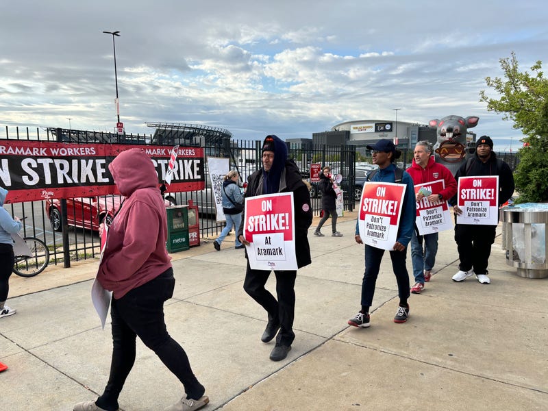 Aramark food service workers on their fourth day of striking picketed outside Wells Fargo Center during Game 4 of the Sixers’ first round playoff series against the Knicks.