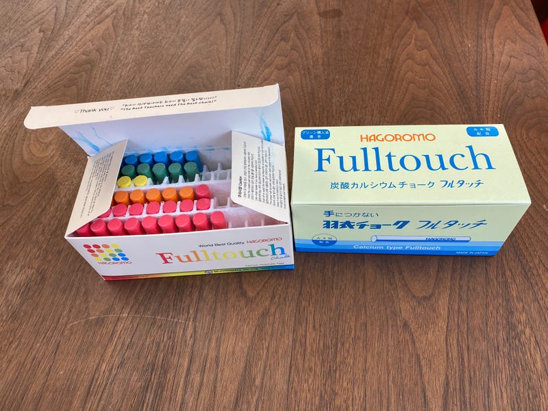 She described the Japanese chalk and said that it’s smoother than regular chalk and doesn’t feel rough and dry on your hands.