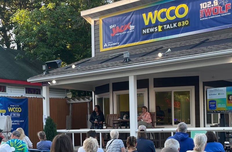 Minnesota Sen. Amy Klobuchar on the WCCO Radio stage with Vineeta Sawkar at the State Fair Thursday.