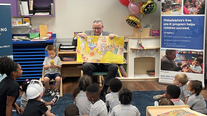 Philadelphia Mayor Jim Kenney reading children's stories at Wonderspring Early Learning Center in Powelton Village, West Philadelphia.