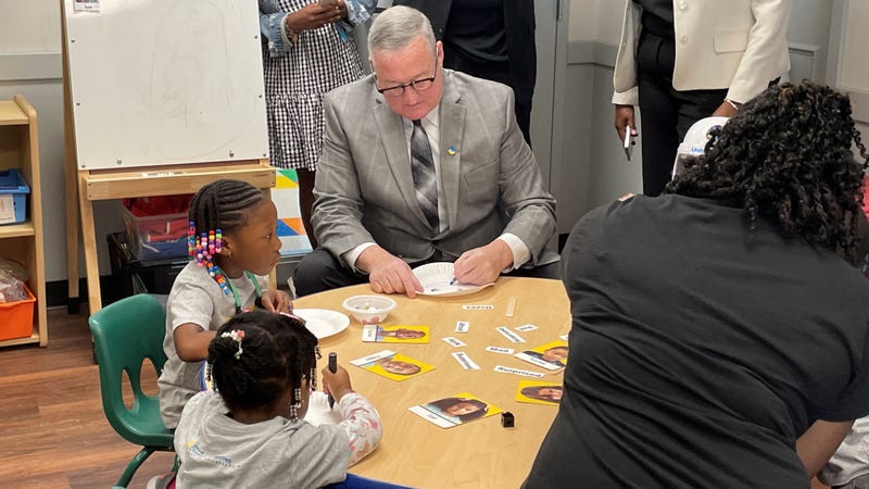 Mayor Jim Kenney doing arts and crafts at Wonderspring Early Learning Center in Powelton Village, West Philadelphia.
