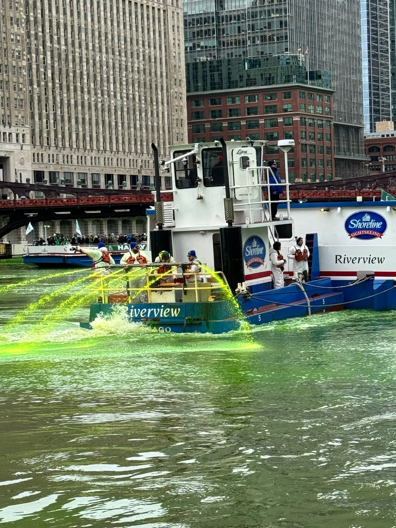 Chicago Journeymen Plumbers, Local 130, have turned the Chicago River into a bright green celebration of St. Patrick’s Day since the 1960s. This tradition continued Saturday ahead of the holiday next Tuesday. 