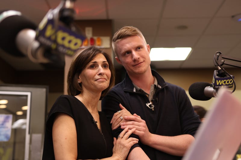 Jordana, left, meets her bone marrow donor Matt Dubinski from Long Island, New York in the WCCO Radio studios. 