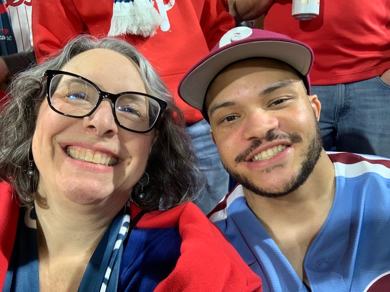 Wendy Rose (left) and her son, Ethan Green, at Game 3 of the 2022 World Series between the Phillies and Houston Astros, Nov. 1, 2022, in Philadelphia. 