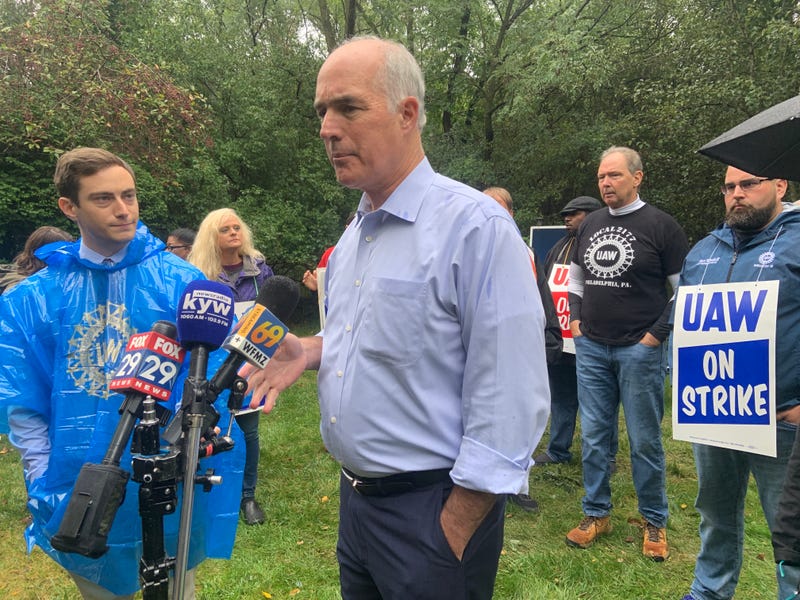 U.S. Sen. Bob Casey visits striking auto workers at the General Motors plant in Langhorne.