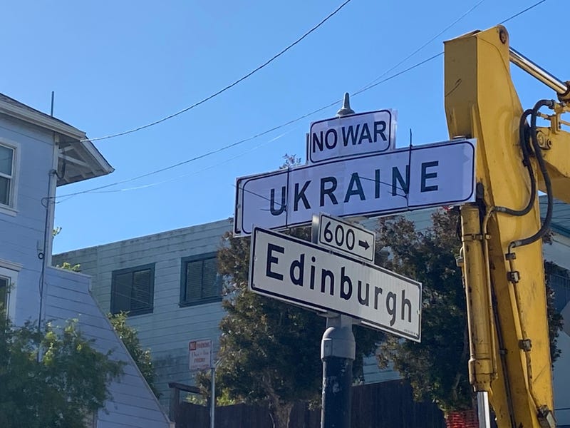 One of the modified street signs at Russia Ave. and Edinburgh St. in San Francisco.