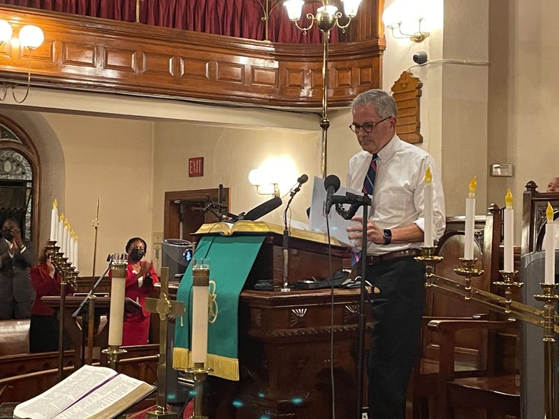 Philadelphia District Attorney Larry Krasner speaks to supporters at Mother Bethel A.M.E. Church on Sept. 14, 2022.