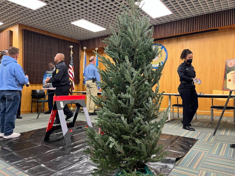 A tree is on display at the Philadelphia Fire Department's Administration Building, during a program on holiday fire safety.