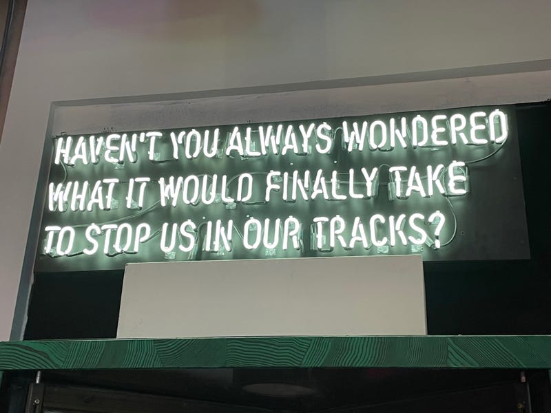 "Haven't you always wondered what it would finally take to stop us in our tracks?" - Neon sign at the exit of the Neon and Light Museum.