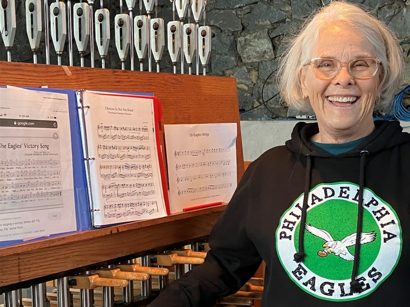 Sue Spilecki, who plays "Fly Eagles Fly" on church tower chimes at Westminster Presbyterian Church in Wilmington.