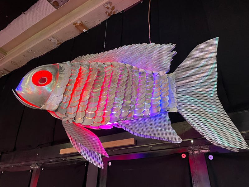 A neon, aluminum fish at the Neon and Light Museum