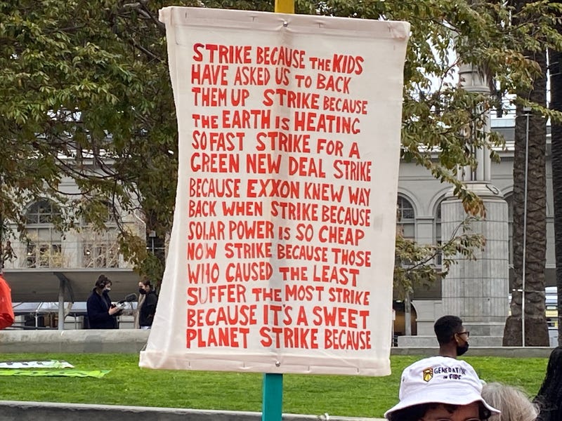 An activist's sign explains why they participated in Friday's climate strike in San Francisco.