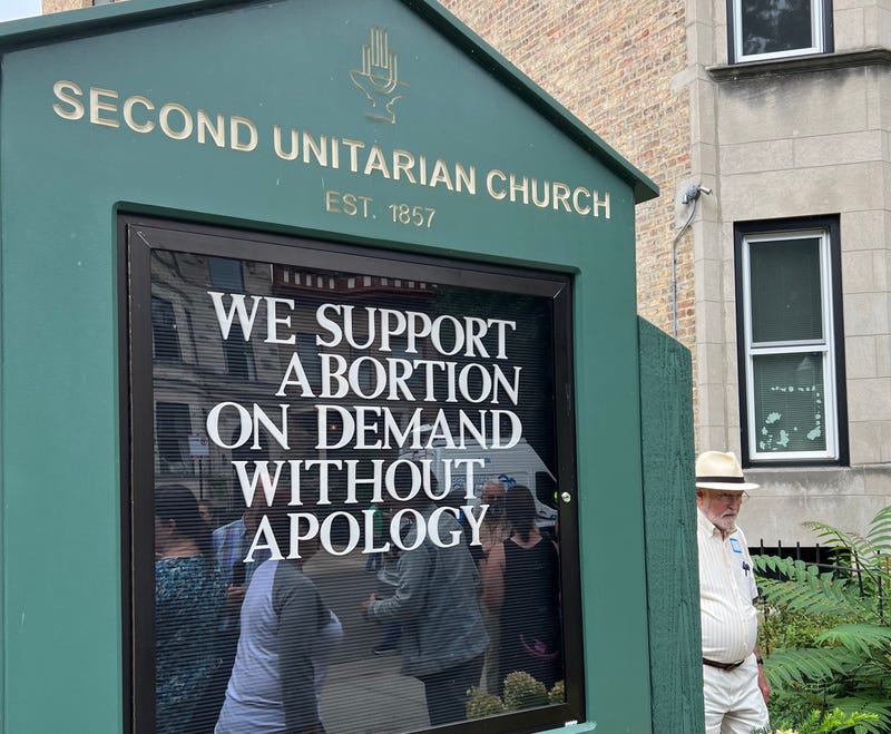 Sign belonging to Second Unitarian Church in support of abortion