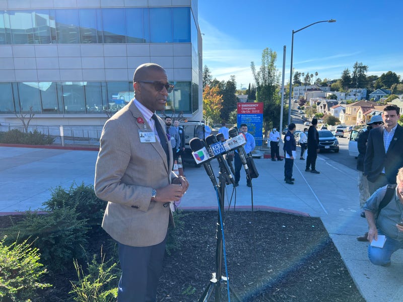 Alameda County Health System CEO James Jackson speaking outside Highland Hospital following a mass shooting in Oakland on Wednesday.