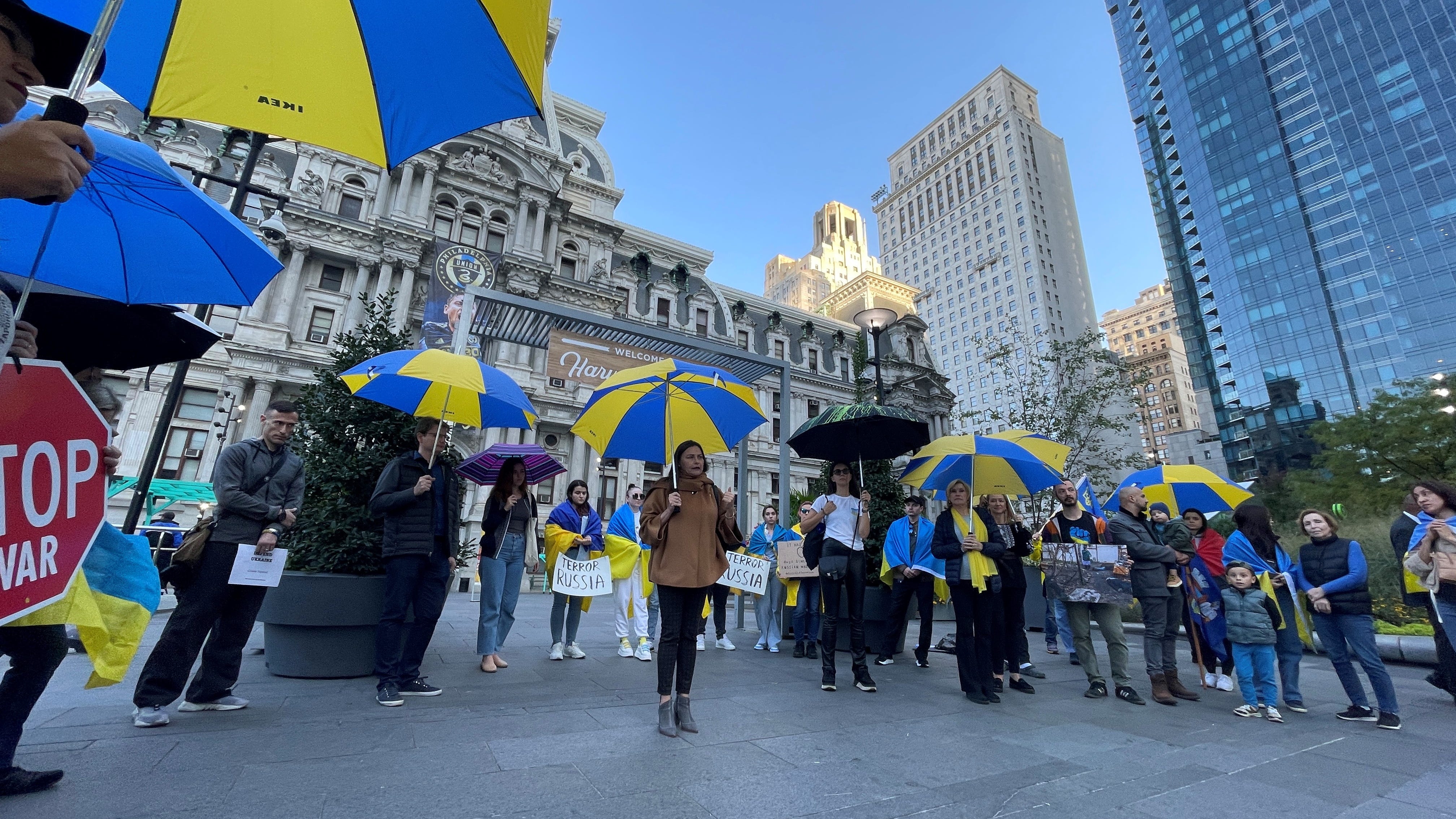Philadelphians ‘cover the skies of Ukraine’ with umbrellas in protest of airstrikes