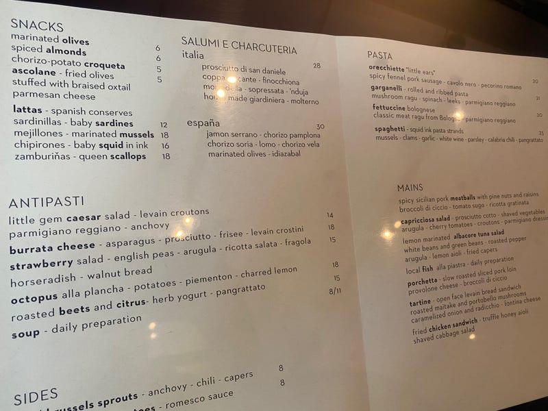 The Barbacco menu.