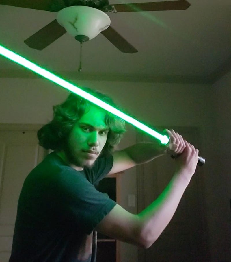 Dylan Dorrell drew out his own schematics to design this working lightsaber in his favorite color, green.