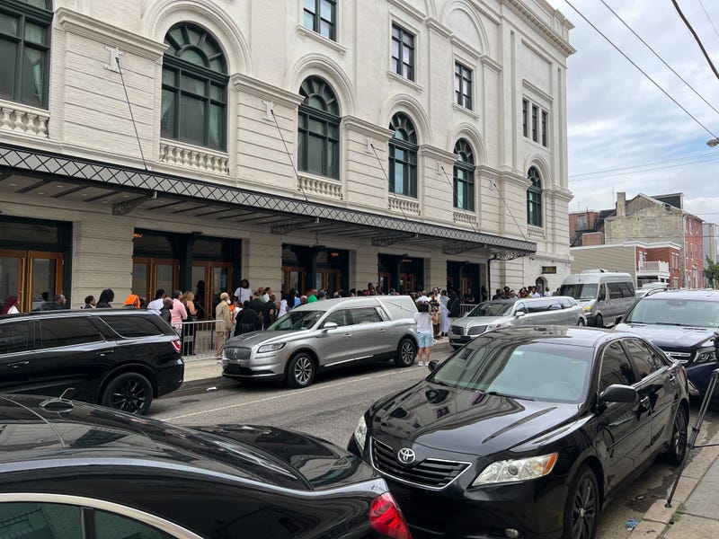 People enter The Met Philadelphia for the funeral service for 25-year-old Devin Spady — better known by his rap name YNG Cheese — who was shot and killed in Olney on July 20, 2023.