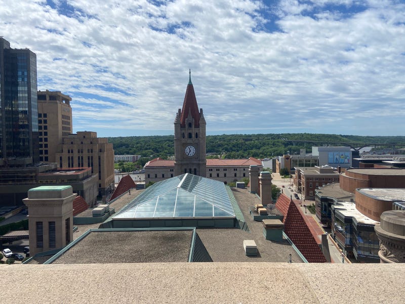 The view from the top of the North Tower of the Landmark Tower in St. Paul which opened to the public, a rare opportunity to see the view from the iconic building.