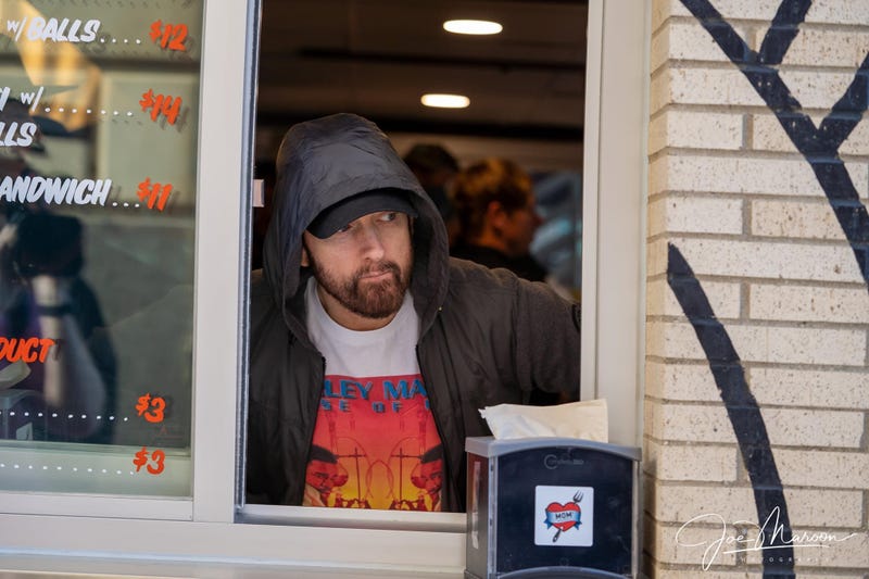 Eminem at his new "Mom's Spaghetti" restaurant in Detroit