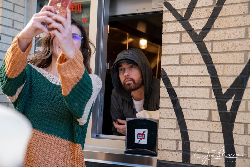 Eminem at his new "Mom's Spaghetti" restaurant in Detroit