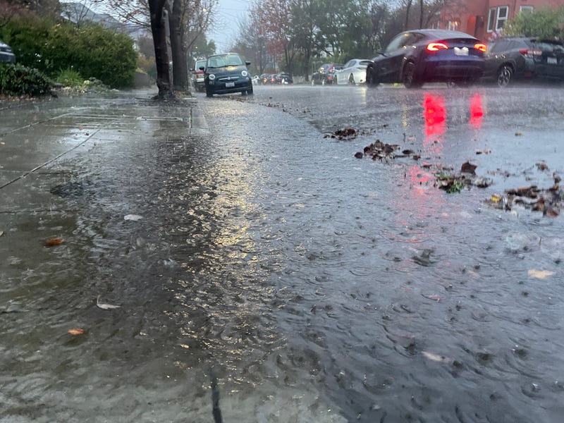 Water flowing down the side of a Rockridge road on November 22, 2024.