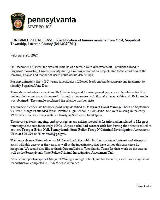 PSP release on identification of skeletal remains found in 1994 in Luzerne County