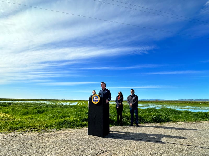 California Gov. Gavin Newsom speaks on the drought situation in Yolo County, California.