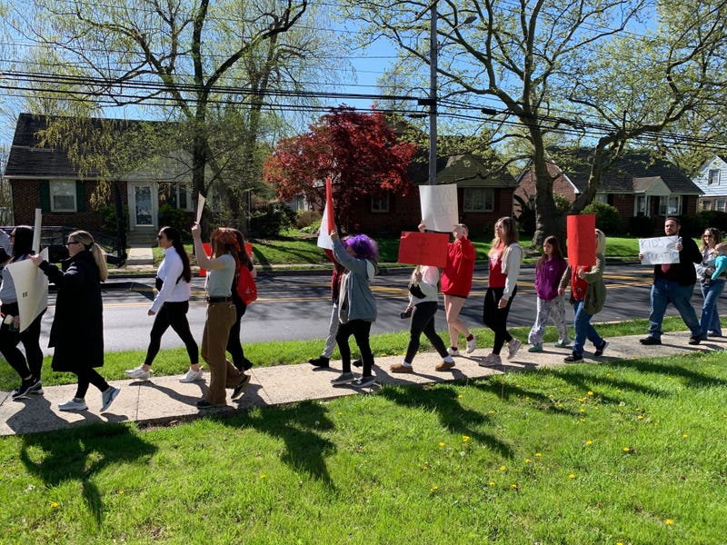 About 30 parents and students rallied outside the North Penn School District Educational Services Center in Lansdale on April 23, 2024, calling on top district administrators to step down after they say school officials failed to prevent last week’s violent student assault in the lunchroom.
