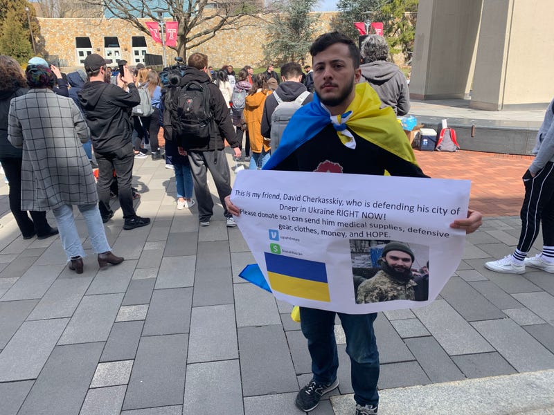 Isaiah Kaplan joined other Temple University students in a rally on March 10, 2022, to support Ukrainians like his friend, David Cherkasskiy, who is fighting to defend his home country.