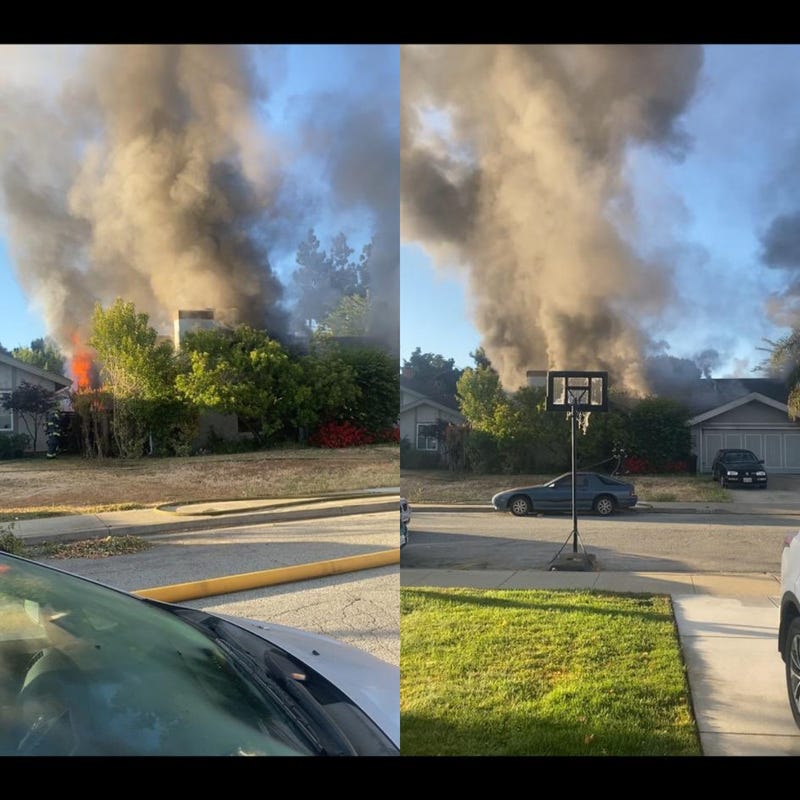 Stills of footage taken by Doug Suh, a neighbor of the alleged VTA shooting suspect, showing the suspect's East San Jose house on fire on Wednesday morning.