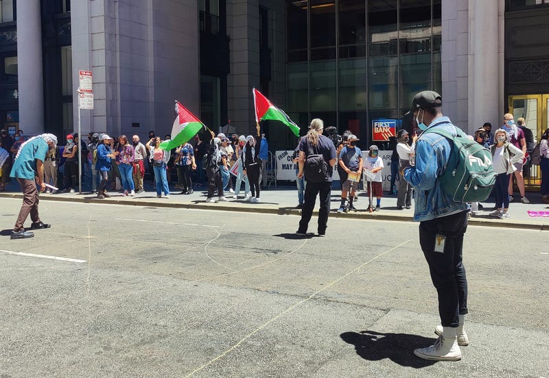 Pro-Palestine protestors gather outside Israeli and Colombian consulate in San Francisco to speak against oppression, June 13, 2021.